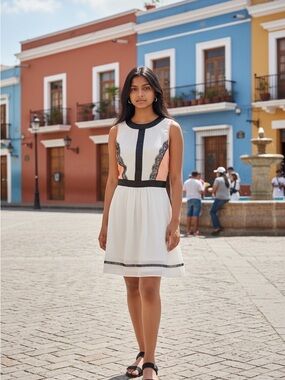 Kismet White Mini Dress with Black Trim and Pink Panels